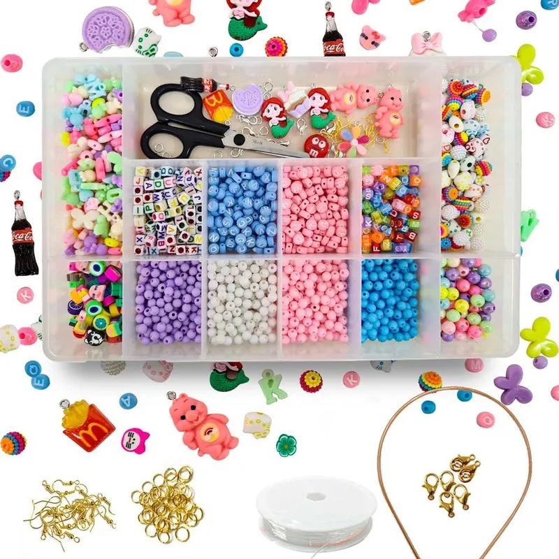 Kit de Miçangas Infantil Coloridas Crie Pulseiras Colares Bijuterias explore sua criatividade Maleta Completa com 1450 Peças