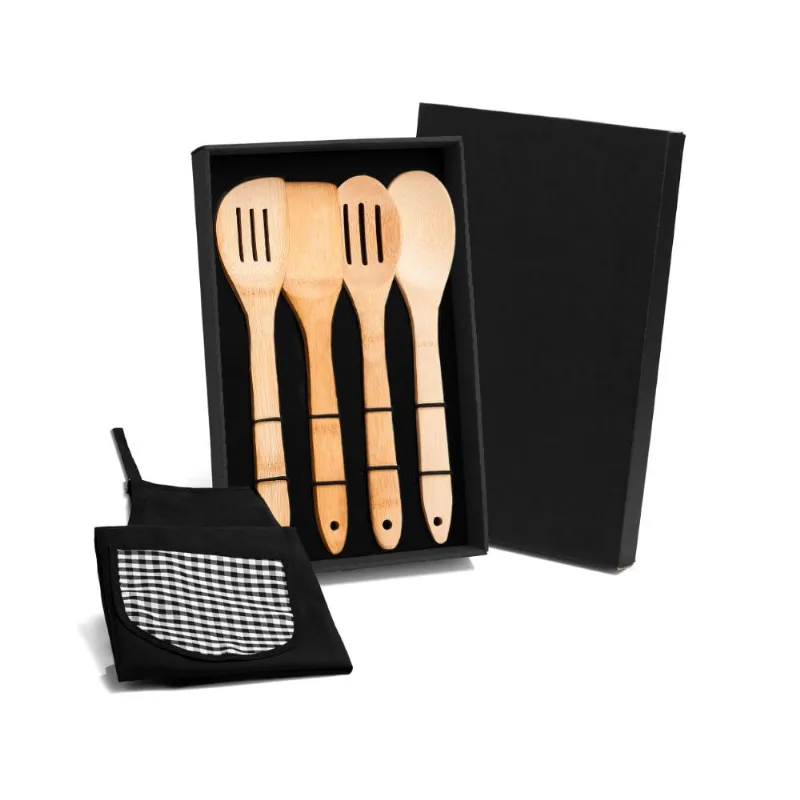 Conjunto De Utensílios Em Bambu 30Cm Com Avental - 5 Pçs Welf - Welf