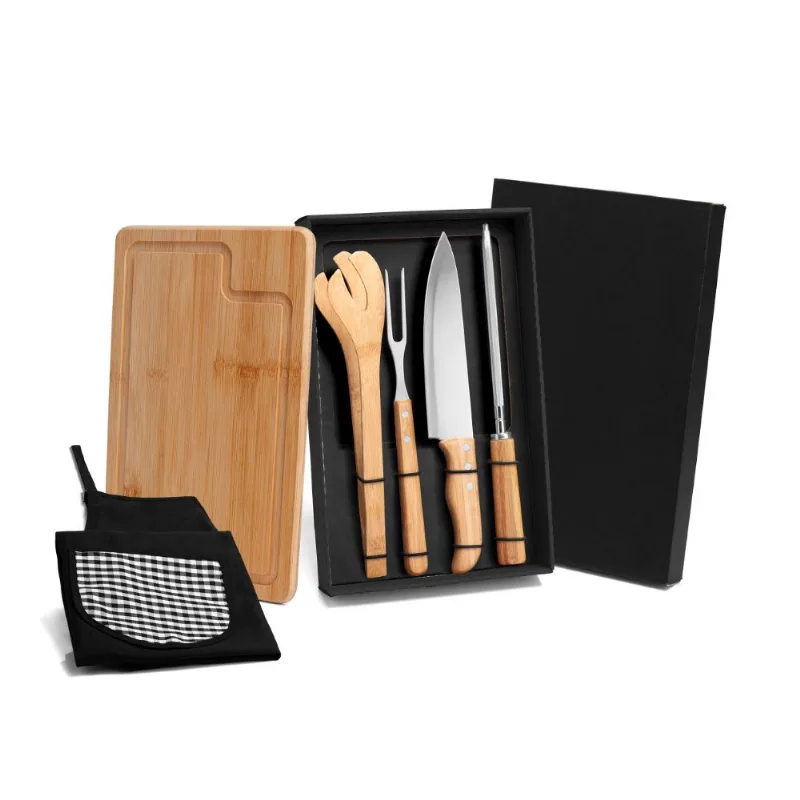 Kit Para Churrasco Em Bambu/Inox Com Avental - 6 Pçs Welf - Welf