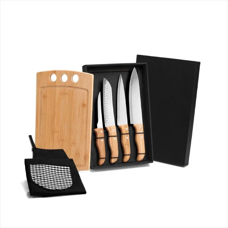 Kit Cozinha e Churrasco Welf 6 Peças Bambu/Inox com Avental - Welf