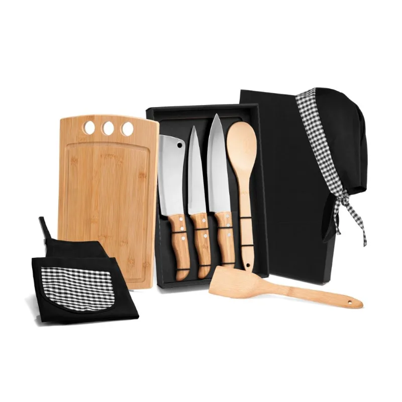 Kit Para Cozinha Em Bambu/Inox Com Avental E Touca Gourmet - 8 Pçs Welf