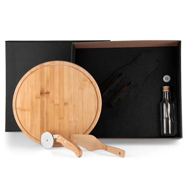 Kit Para Pizza Com Garrafa - Bambu - Inox - Vidro - 4 Peças