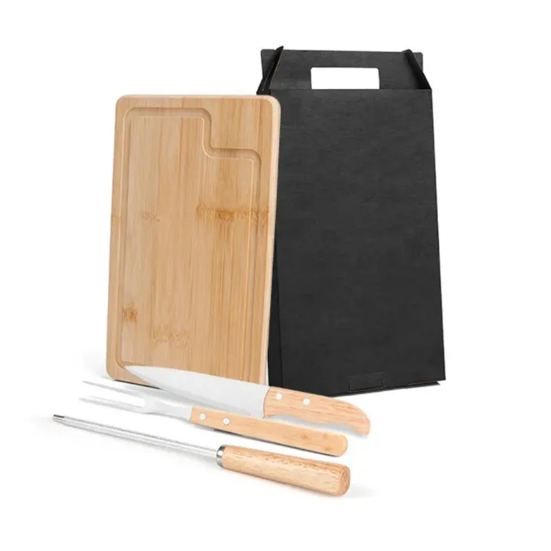 Conjunto Para Churrasco Em Bambu - Inox - Madeira - 4 Peças - Welf