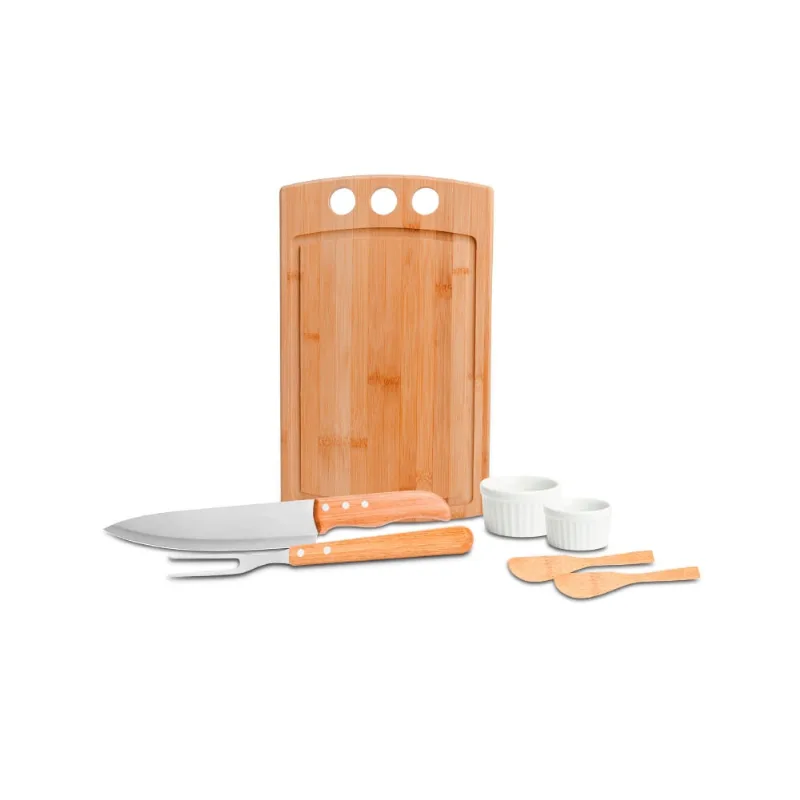 Conjunto Para Churrasco - Petisco Em Bambu - Porcelana - 7 Peças - Welf