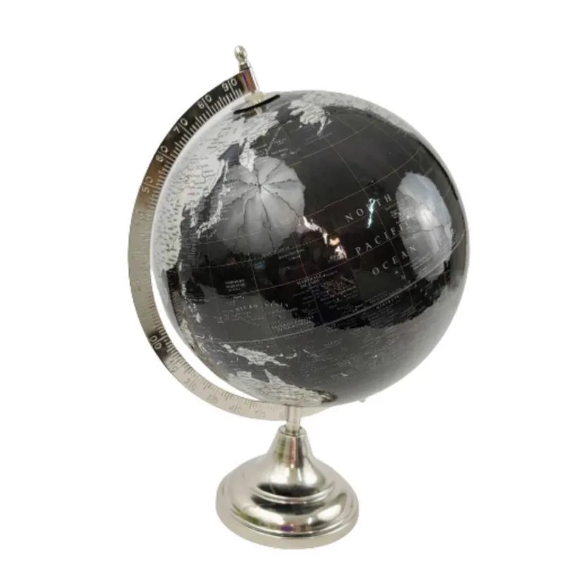 Globo Terrestre Decorativo Preto E Prata Metal 38x27cm
