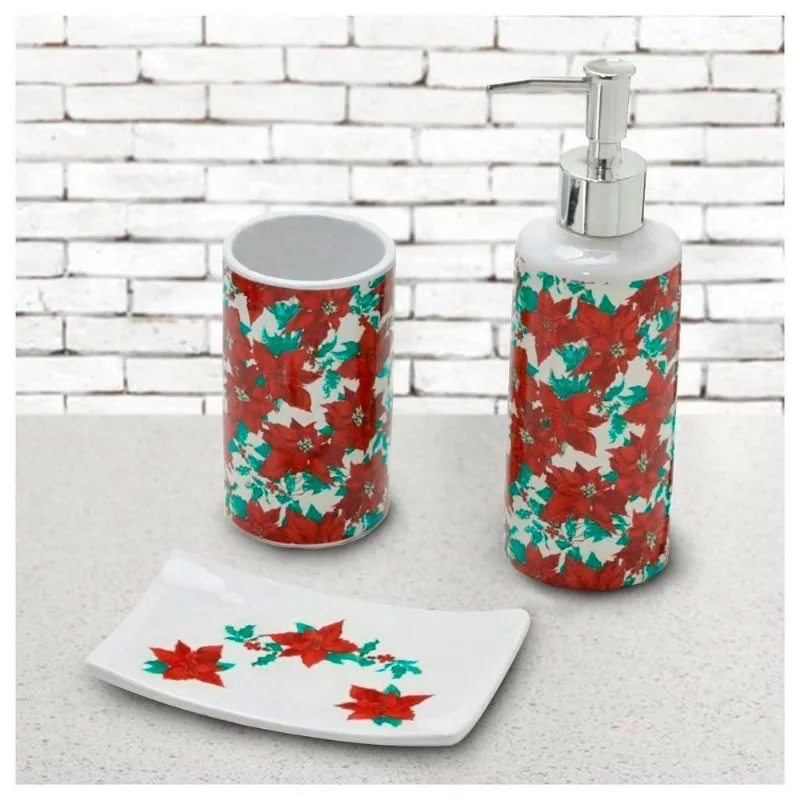 Jogo De Banheiro De Natal Com Flores Cerâmica 3 Peças