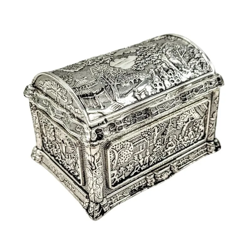 Porta-joias Metal Cromado Desenhos Orientais Prata 8cm