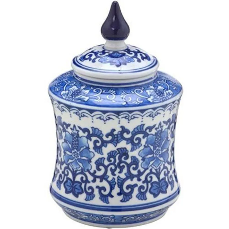 Potiche De Porcelana Azul E Branco 15x25 Cm