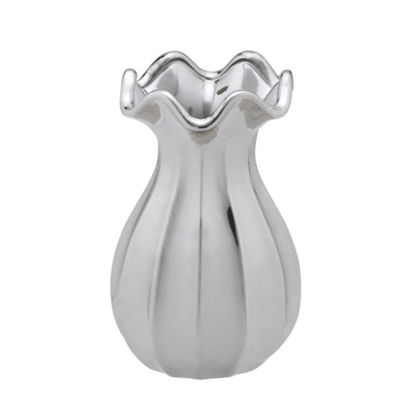 Vaso decorativo prata em ceramica boca ondulada