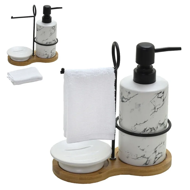 Kit sabonete liquido suporte E toalha banheiro br marmore