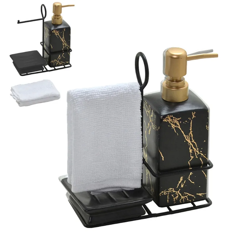 Kit sabonete liquido suporte E toalha banheiro preto marmore