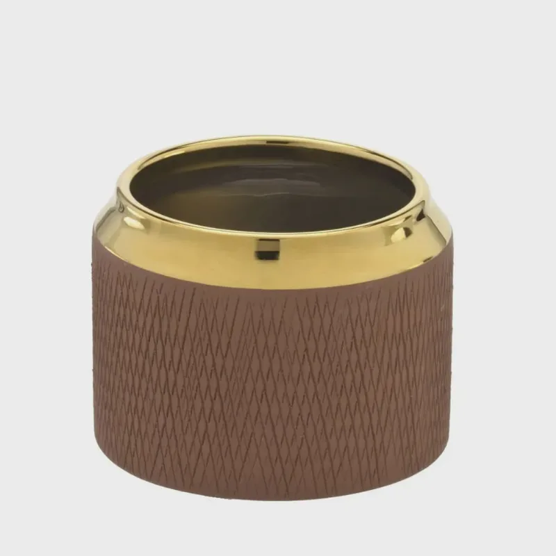Vaso Decorativo Cachepot Marron borda Dourada bronze luxo