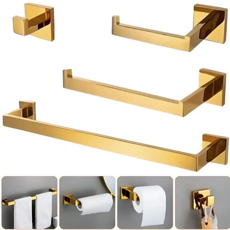 Kit De Acessórios Para Banheiro Quadrado 4 Peças Aço Inox Dourado