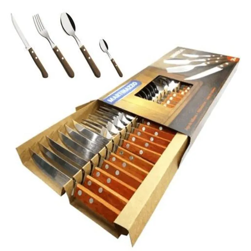Faqueiro Jogo Talheres Churrasco Inox Cabo Madeira 24 Peças