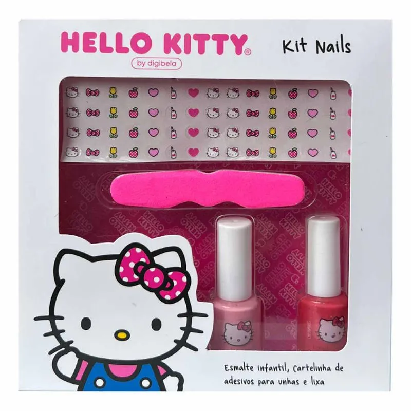 Digibela By Hello Kitty Nails Kit - 2 Esmaltes + Lixa de Unhas + Cartela de Adesivos Algodão doce e Tortinha de Maçã