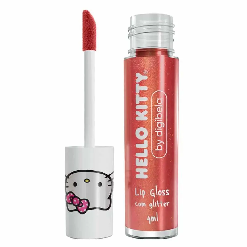 Lip Gloss Infantil com Glitter Digibela Hello Kitty 4ml Maçã do Amor
