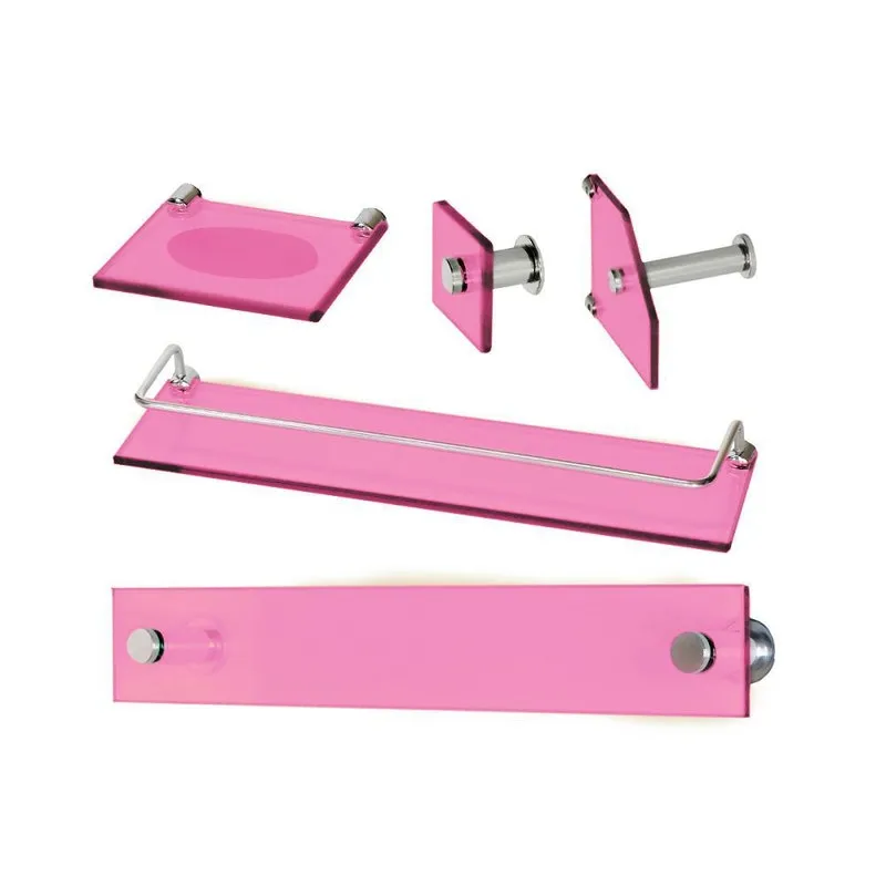 Kit Banheiro Vidro Luxo Reto 5 Peças - Rosa