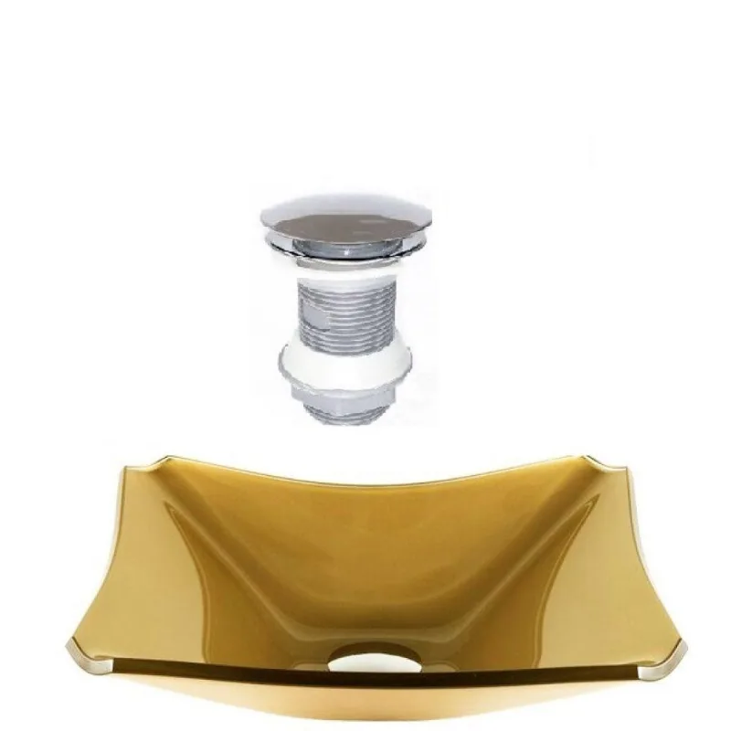 Cuba De Vidro Retangular Chanfrada 37cm Dourado Real Válvula