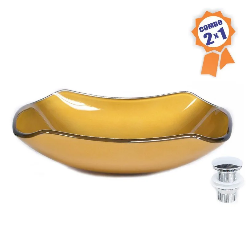 Cuba De Vidro Retangular Abaulada 45cm Dourado+Válvula Click