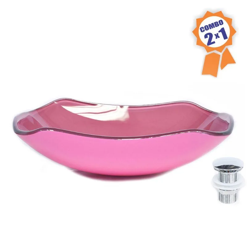 Cuba De Vidro Retangular Abaulada 45cm Rosa + Válvula Click