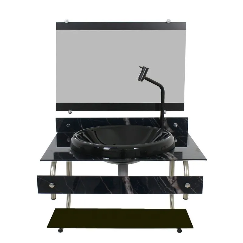 GABINETE PARA BANHEIRO DE VIDRO ITXX 60CM INOX MÁRMORE PRETO + TORNEIRA METAL PRETA