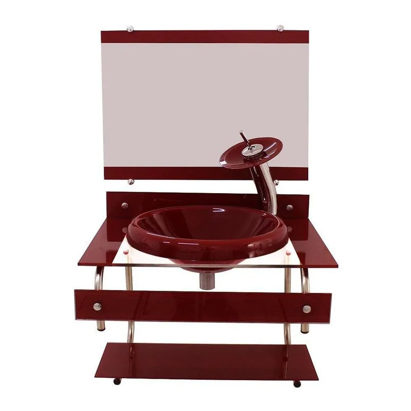 Gabinete De Vidro 60cm Inox + Torneira Ibiza Vermelho