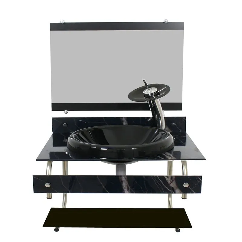 GABINETE DE VIDRO PARA BANHEIRO ITXX 60CM INOX MÁRMORE PRETO + TORNEIRA IBIZA PRETA