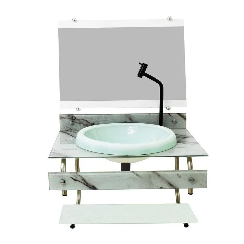 Gabinete Vidro Itxx 60cm Inox Mármore Branco Torneira Preta