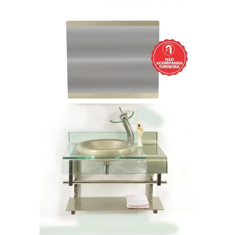 Gabinete de Vidro 70cm Curvado Duplo Inox com Cuba Chapeu
