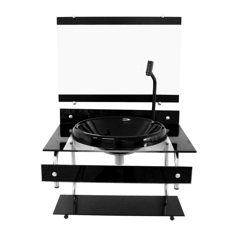 GABINETE PARA BANHEIRO DE VIDRO ITXX 60CM INOX PRETO + TORNEIRA METAL PRETA