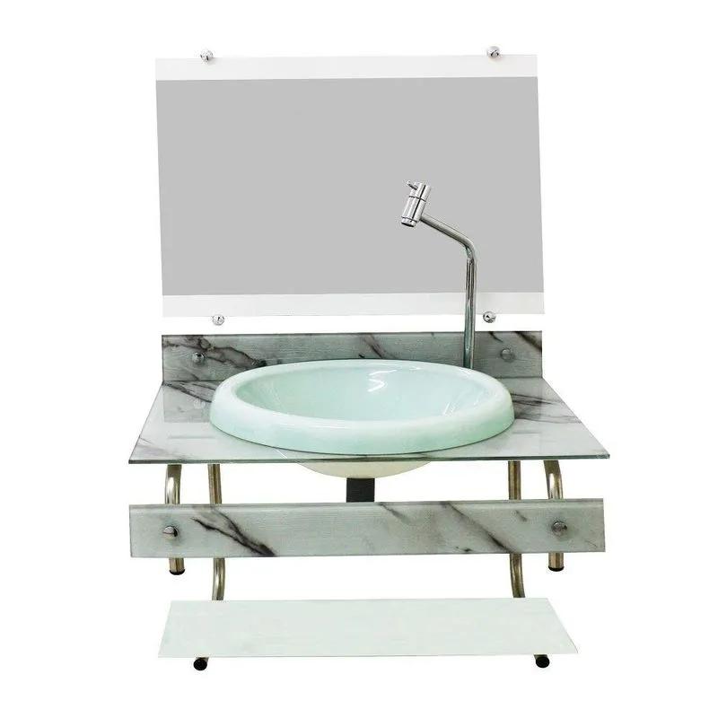 Gabinete com Cuba de Vidro 60cm Mármore Branco com Torneira