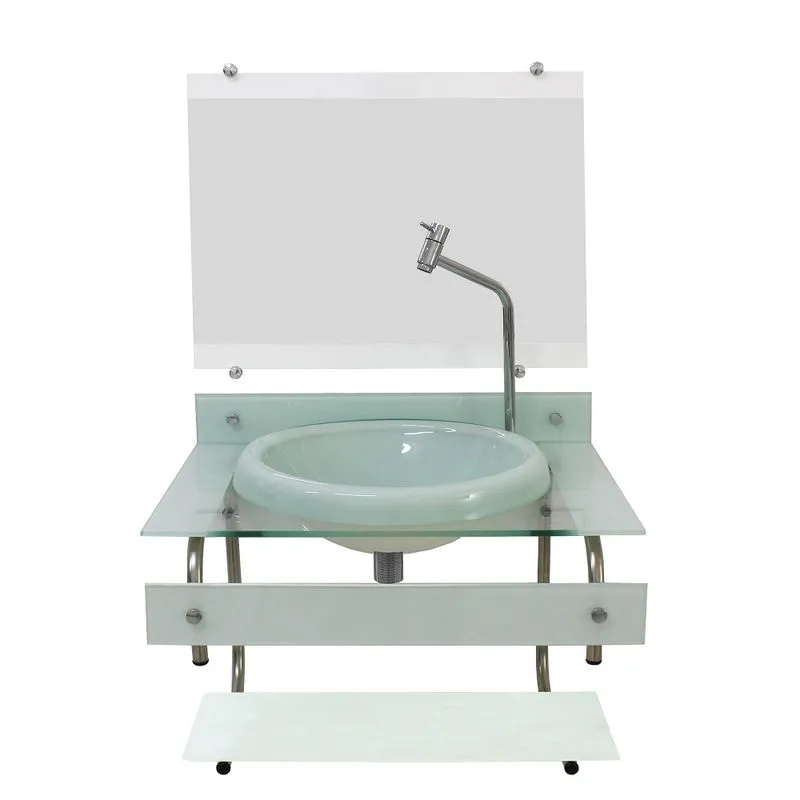 GABINETE COM CUBA PARA BANHEIRO DE VIDRO ITXX 60CM INOX BRANCO COM TORNEIRA CROMADA