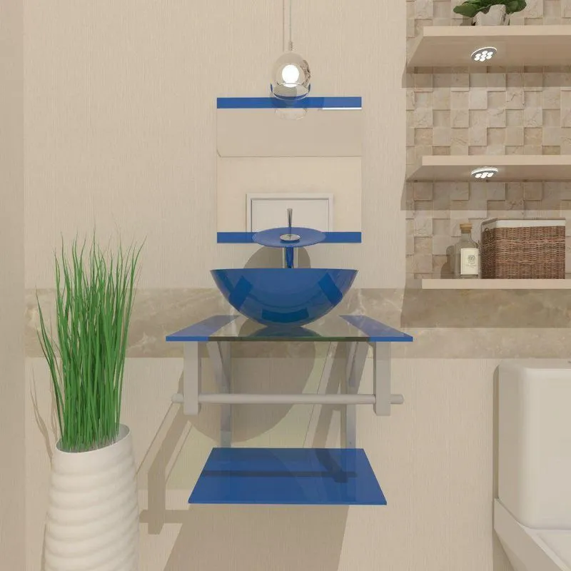 Gabinete De Vidro Para Banheiro 40cm Cuba Redonda Ac Azul