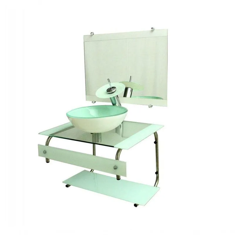 Gabinete de Vidro 60cm Inox com Cuba Redonda Branco