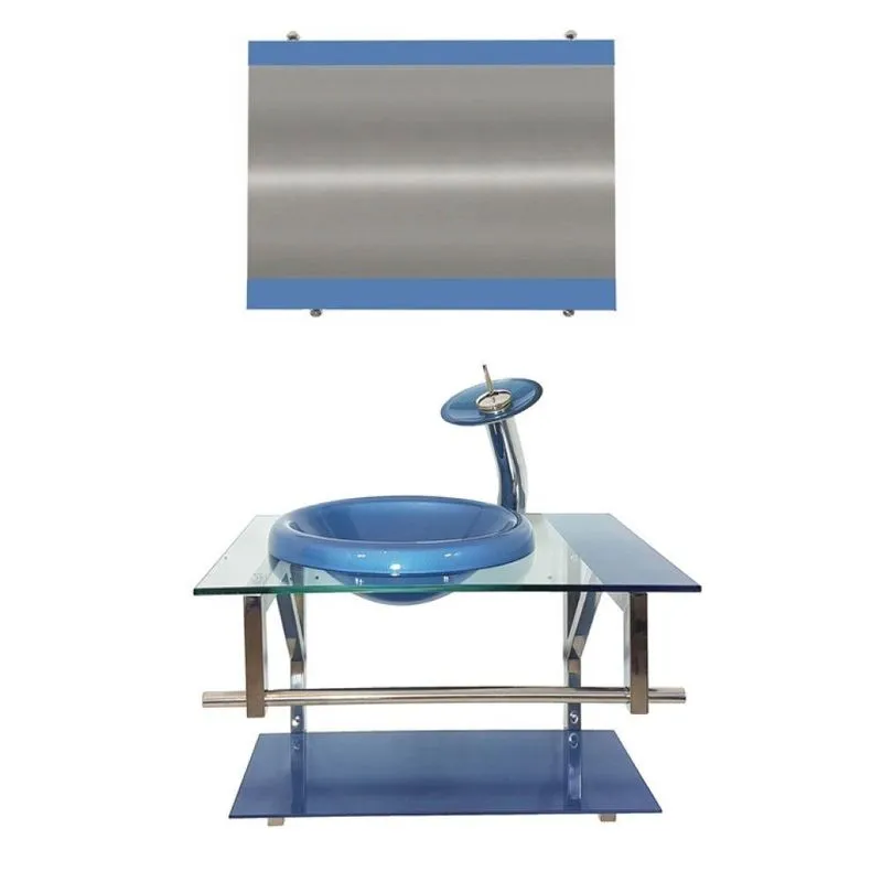 Gabinete de Vidro 70cm Inox com Cuba Chapéu Redonda Azul