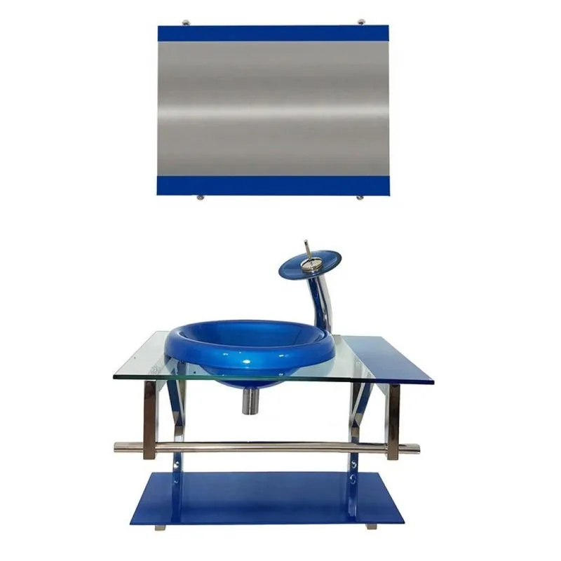 Gabinete de Vidro 70cm com Cuba Chapéu Redonda Azul Escuro