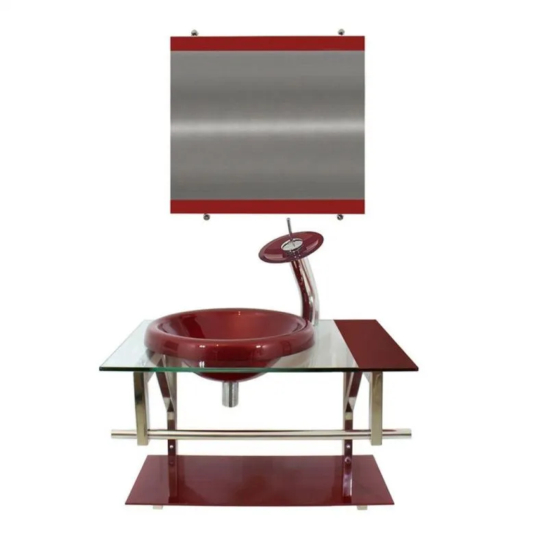Gabinete de Vidro 70cm Cuba Chapéu Redonda Vermelho Cereja