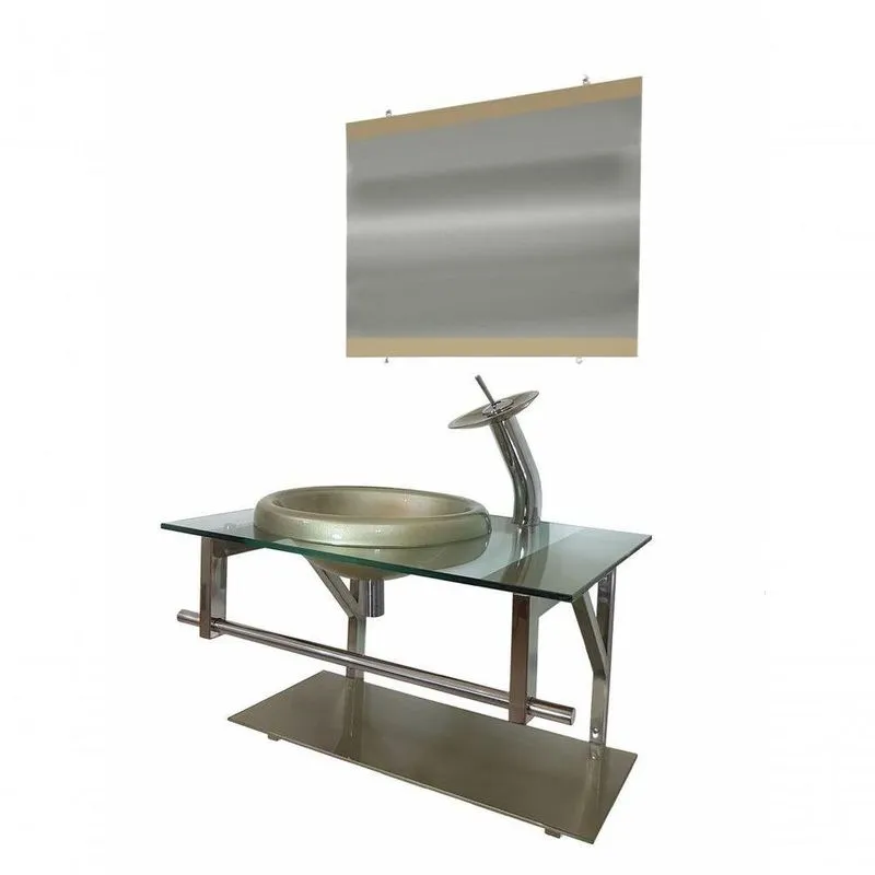 Gabinete de Vidro 70cm com Cuba Chapéu Redonda Champanhe