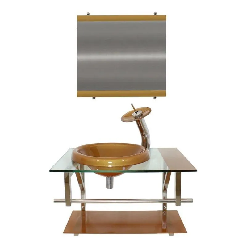 Gabinete de Vidro 70cm com Cuba Chapéu Redonda Dourado Real