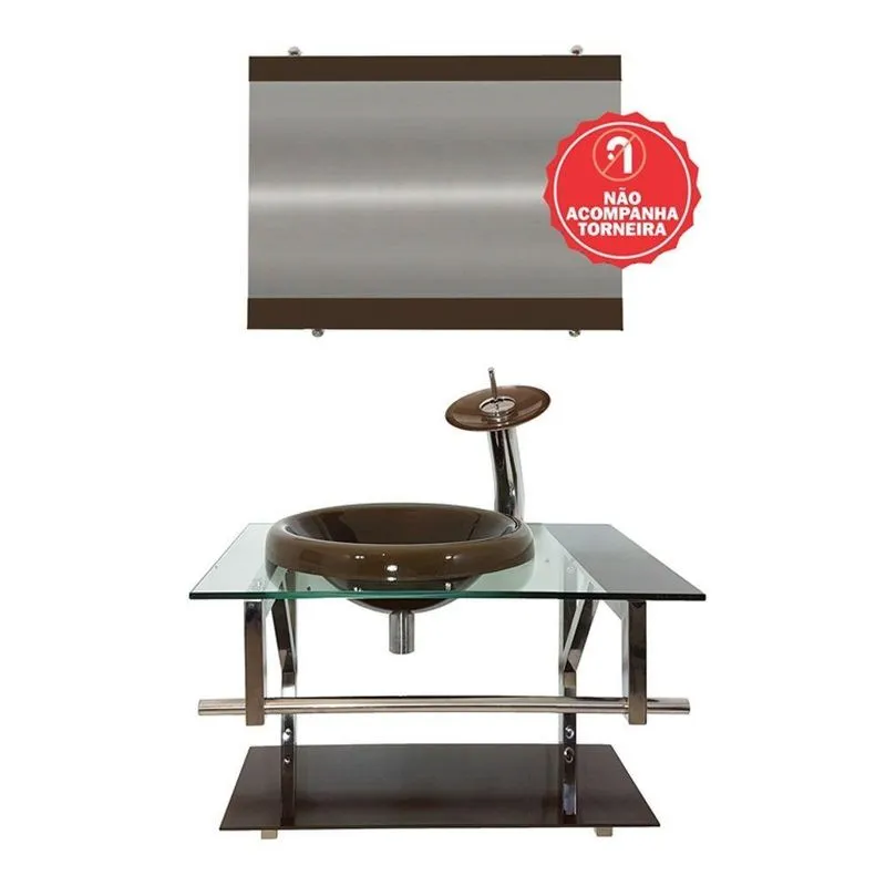Gabinete de Vidro 70cm com Cuba Chapéu Redonda Marrom