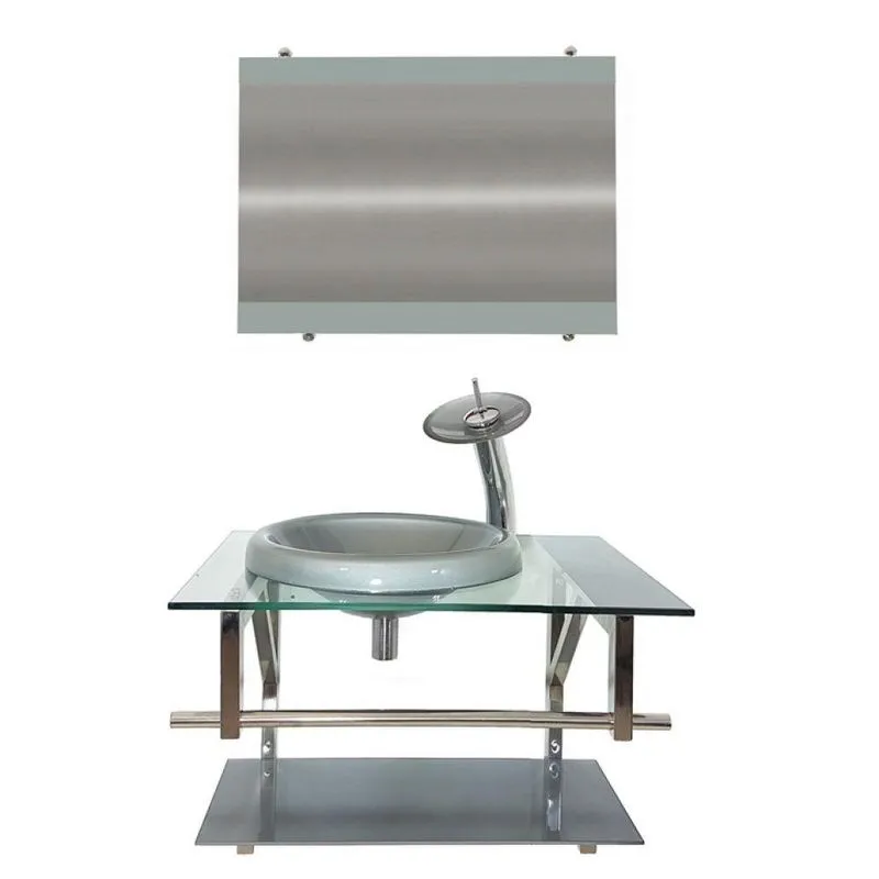 Gabinete de Vidro 70cm com Cuba Chapéu Redonda Prata