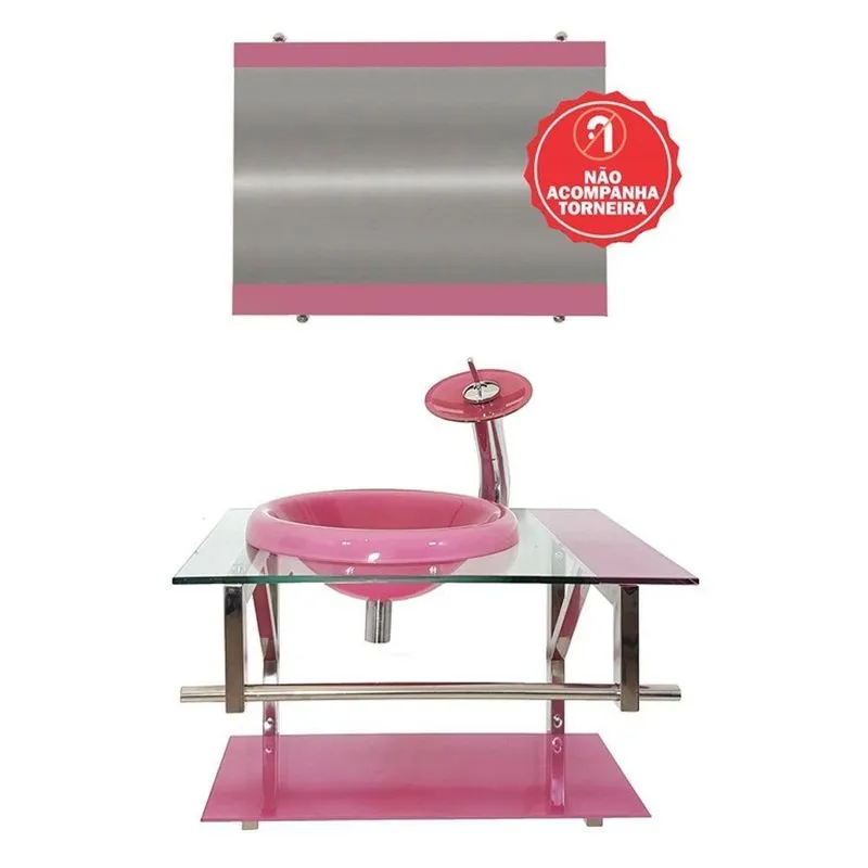 Gabinete de Vidro 70cm com Cuba Chapéu Redonda Rosa