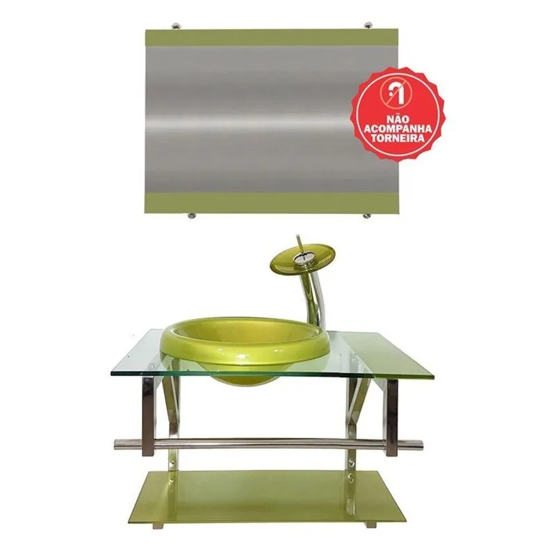 Gabinete de Vidro 70cm com Cuba Chapéu Redonda Verde Oliva
