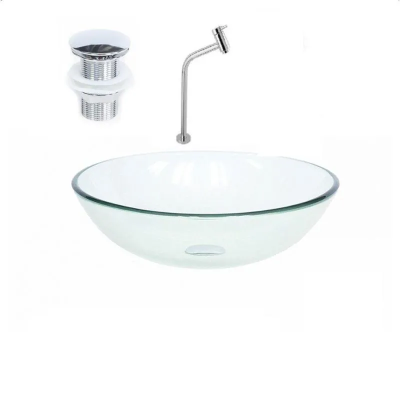 Cuba De Vidro Redonda 35cm + Válvula + Torneira De Metal