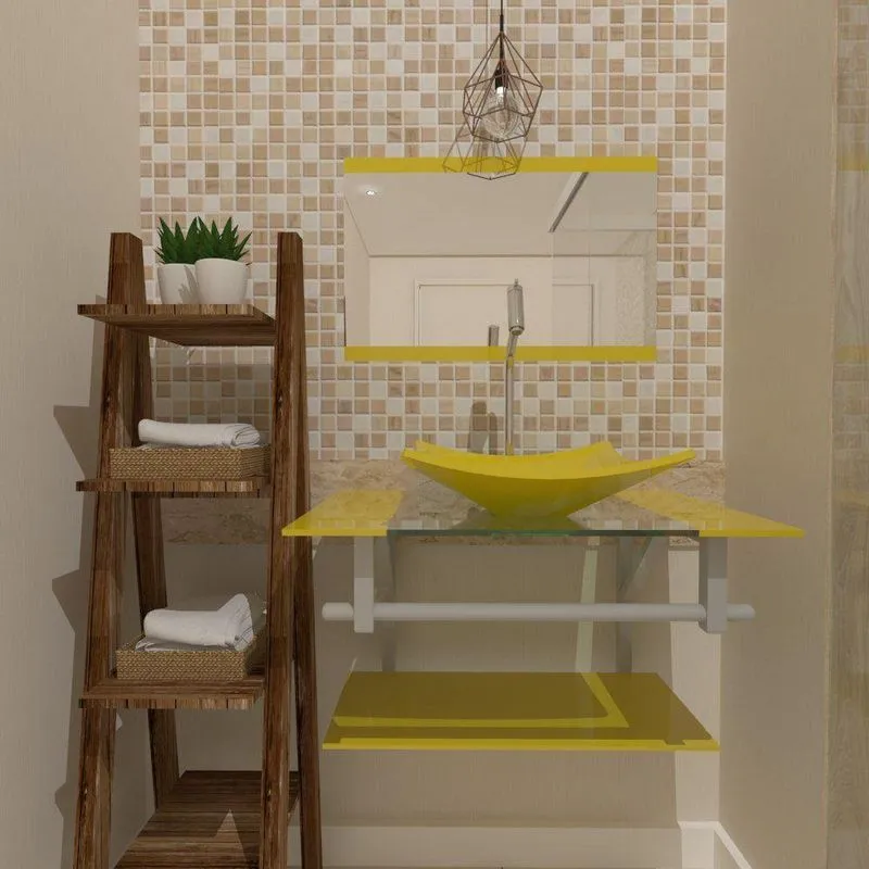Gabinete De Vidro 60cm C/Cuba Quadrada Amarelo+Torneira