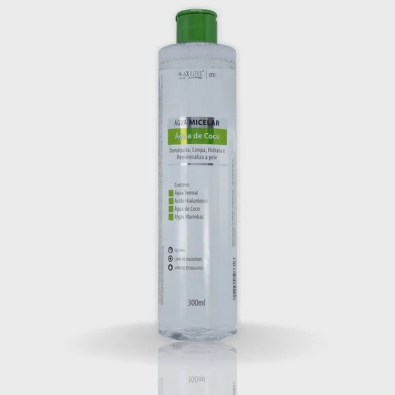 Água Micelar Max Love Água de Coco com Ácido Hialurônico Demaquilante Hidratante Limpa Remineraliza Pele