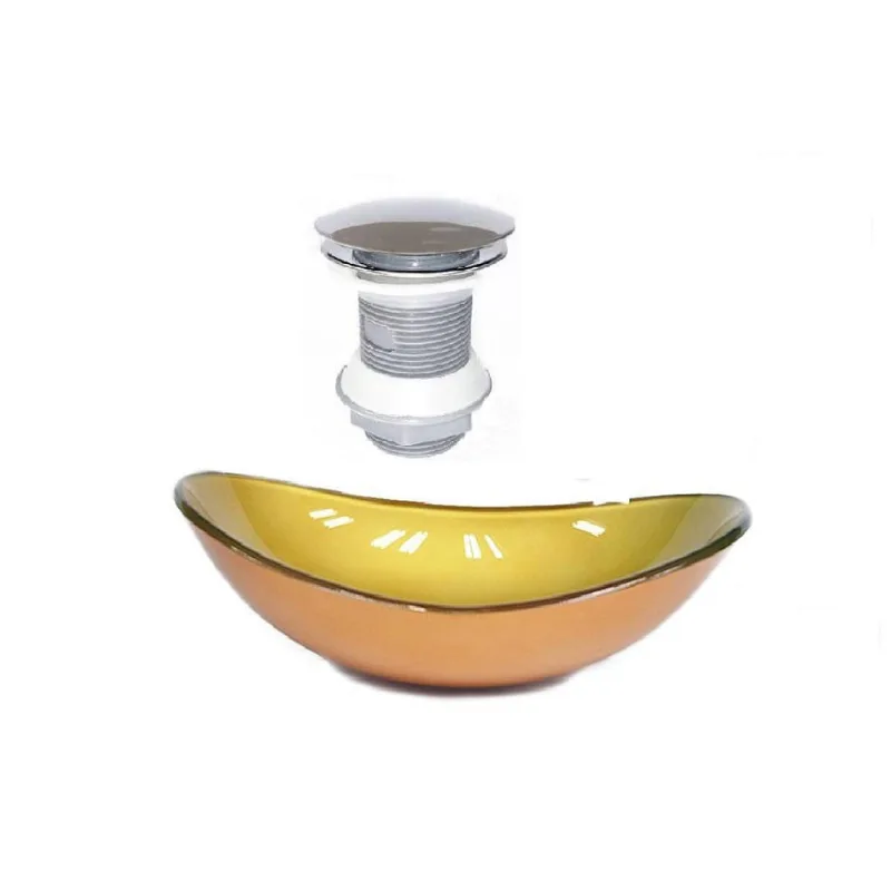 Cuba De Vidro Oval 47Cm Dourado Real + Válvula Click