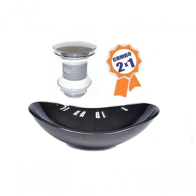 Cuba De Vidro Oval 47cm Preta + Válvula Click