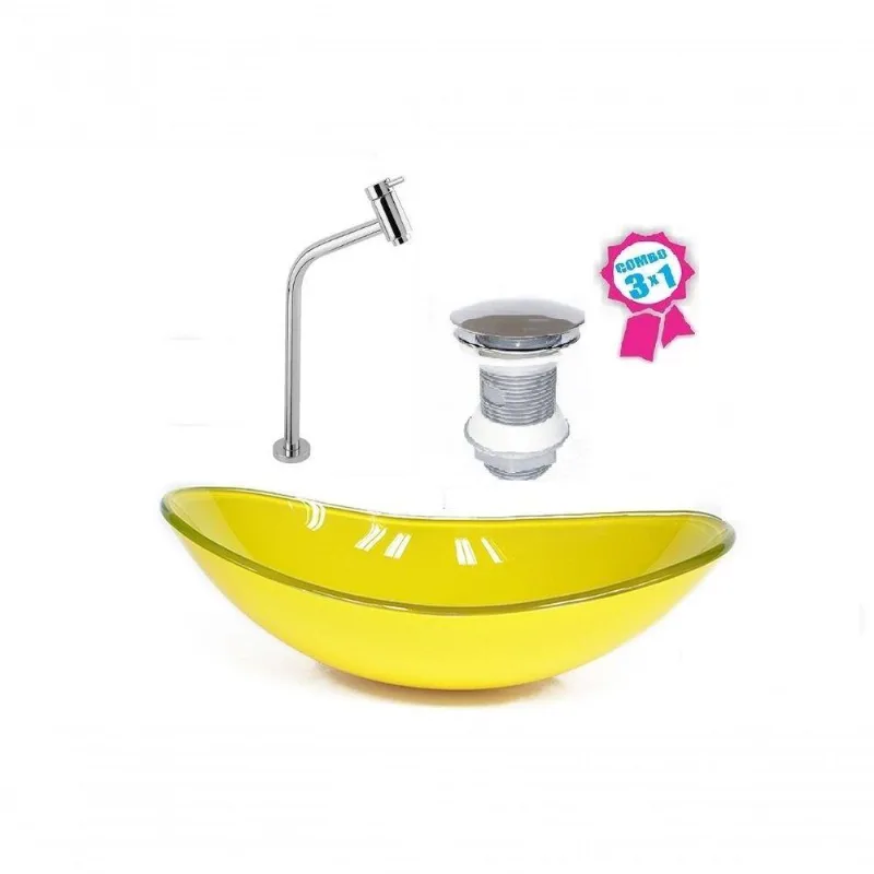 Cuba Vidro 47cm Amarela + Válvula Click + Torneira De Metal