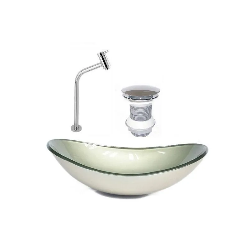 Cuba De Vidro Oval 47cm Champanhe + Válvula + Torneira Metal